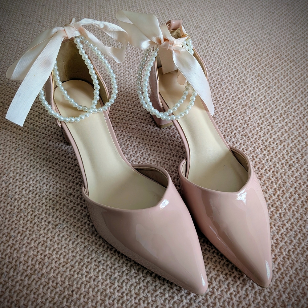 Elegant Pink Patent Leather Heels with Pearl Ankle Strap